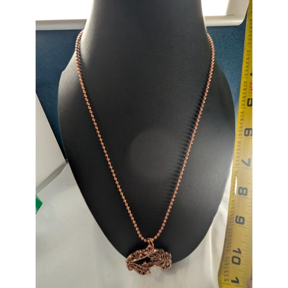 Copper Tone Round Filigree Charm Pendant Necklace Ball/Bead Chain Barrel